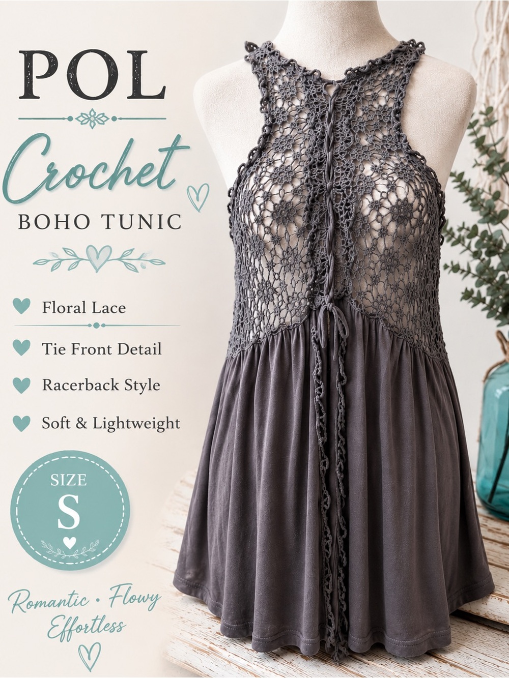 POL Gray Crochet Lace Sleeveless Tunic Tank Top Tie Front Boho Size Small